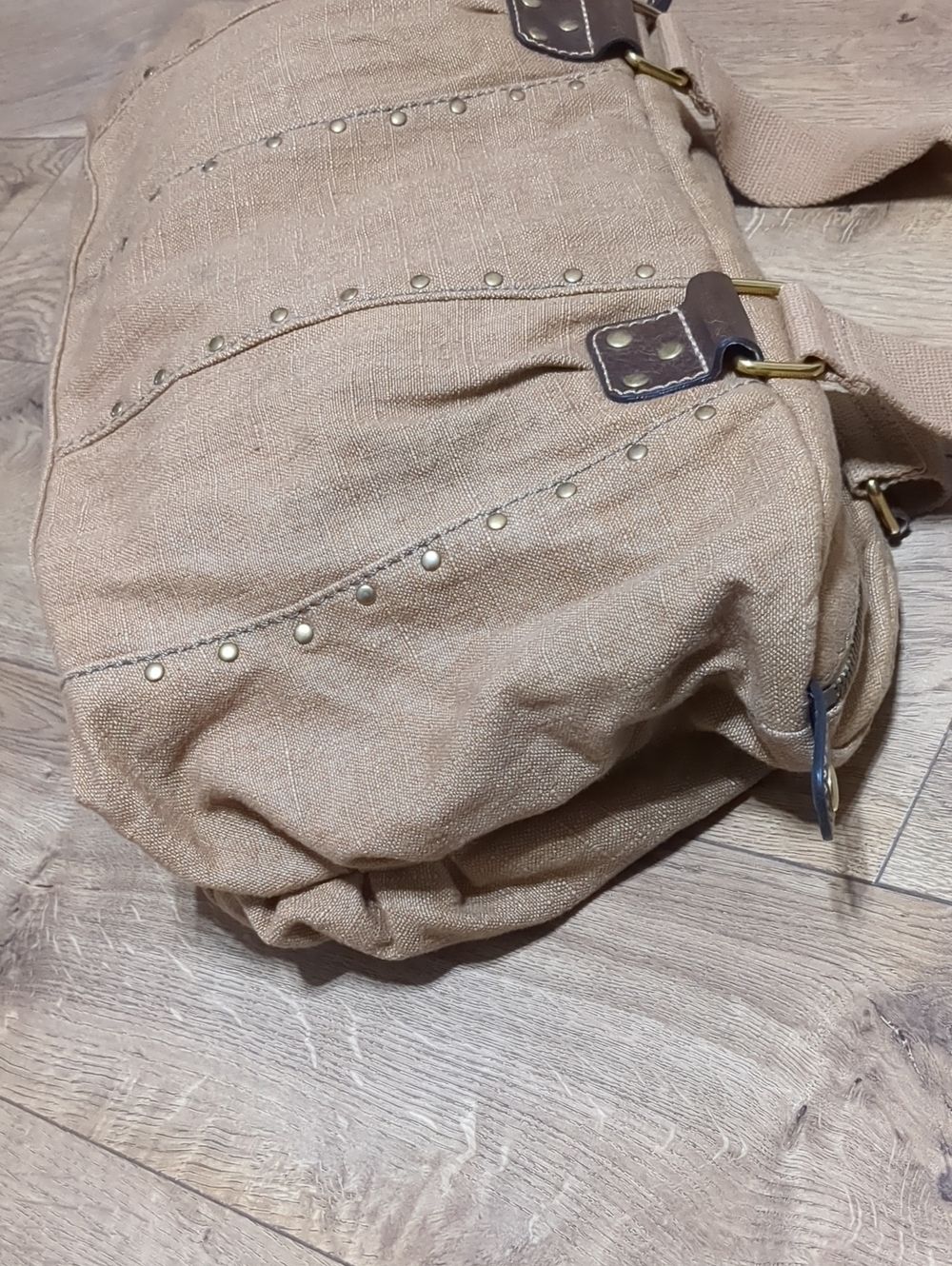 FOSSIL Tan Soft Canvas Brown Leather Gold Studded Tote Shoulder Bag - Picture 4 of 11